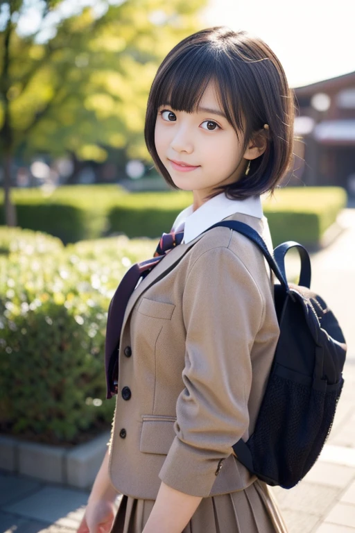 (((​masterpiece))),  (One beautiful Japan girl, classmates, landscape and innocence，kawaii) ，超A high resolution, Realistic, ultra-detailliert, 8K,top-quality, Extremely detailed, Detailed background,A slender,very beautiful japanese girl, Detailed face:1.3), (Boyish short-haired，A dark-haired :1.4), (a baby face，Kawaii type,adorable 14 year old girl), (Perfect body:1.1),  (Brown blazer, Light brown pleated mini skirt), A charming expression，Super Detailed Face、Detailed lips、A detailed eye、small gravure idol，Transparent skin、，Japanese high  with the school emblem on the chest，Carrying a backpack，Photorealsitic, 8k full-length portraits, TOKYOcty, Winters, TOKYOcty Station in the background
