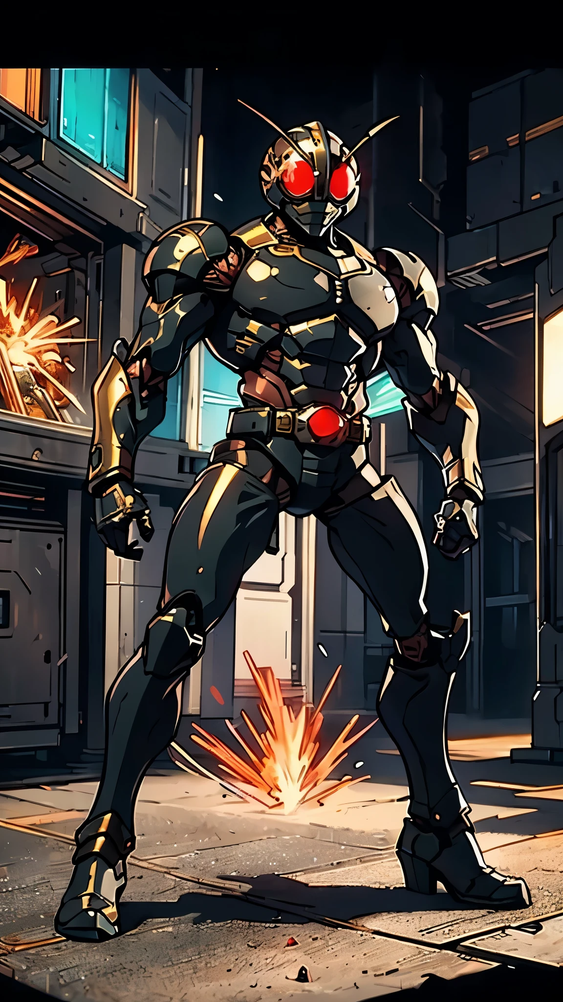 A man wearing a full-face helmet, a fantasy-style biotech armored combat suit, green eyes, (a composite layered chest armor), fully enclosed shoulder guards, matching arm and leg guards, the belt is adorned with Beetle-shaped gem, (the color scheme is primarily black with red accents), the design balances heavy with agility, a high-tech bio-mecha armor, (Dynastinae concept Armor, stand on the top of a skyscraper in a futuristic sci-fi city), this character embodies a finely crafted fantasy-surreal style armored hero in anime style, exquisite and mature manga art style, (element, plasma, energy, the armor glows), ((male:1.5)), metallic, real texture material, dramatic, high definition, best quality, highres, ultra-detailed, ultra-fine painting, extremely delicate, professional, perfect body proportions, golden ratio, anatomically correct, symmetrical face, extremely detailed eyes and face, high quality eyes, creativity, RAW photo, UHD, 32k, Natural light, cinematic lighting, masterpiece-anatomy-perfect, masterpiece:1.5