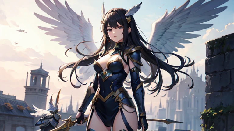 fantasy, 1angel_girl,child, ,dark_color_hair, medium_bob_hair, long_bangs, halo,bare_shoulder,thighhighs,silver_armor, waist_armor, large_breasts,angry,smile,open_mouth1pair_wings, dynamic_ pose_fighting,floating, bare_crotch, covered_nipples, covered_pussy,headgear,gauntlet, greaves, pelvic_curtain, city_sky_background,slightly_spread_legs, solo, groin_naked,(masterpiece, best quality, best quality, official art, beautiful and aesthetic:1.2), (1 girl), very detailed,