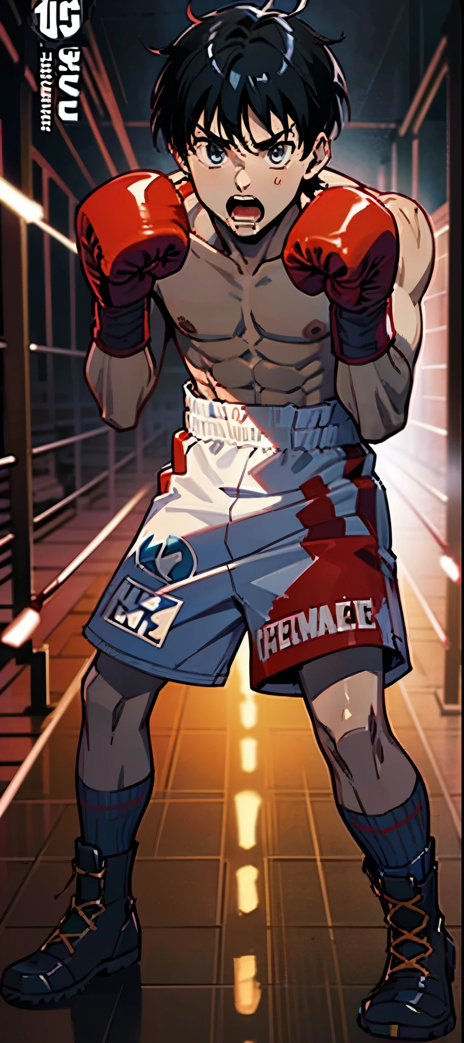 ((illustration)), (best quality)), ((masterpiece)), (detailed), comic cover, hanajima_megumi, 1man, adult, boxing, boxing ring, stage light, blond, gloves, messy hair, solo, shirtless, lean muscle, 