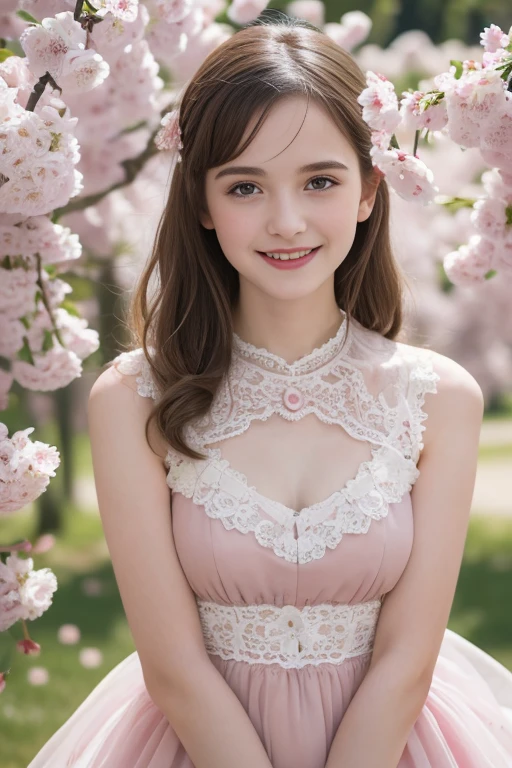 Masterpiece, Best quality, 8k, 18 ans, Photo brute, absurdes, Award-winning portrait, sourire, sourire, pure, french, elegant vibrant pink dress, spring, orchard in bloom, laces, famous singer, cute, sweet, cherry lips