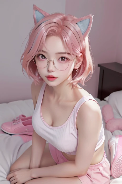 (best quality,realistic,hdr,best anatomy),cartoon_portrait,1girl,solo,looking at viewer,short hair,simple background,pink hair, pink eyes, full body shot, closed mouth, animal ears, wearing underwear, pink shoes, cat, tanktop, big breasts, glasses, lying in bed, lips, in the photo from above, white background,, sexy body, red lips,18 years