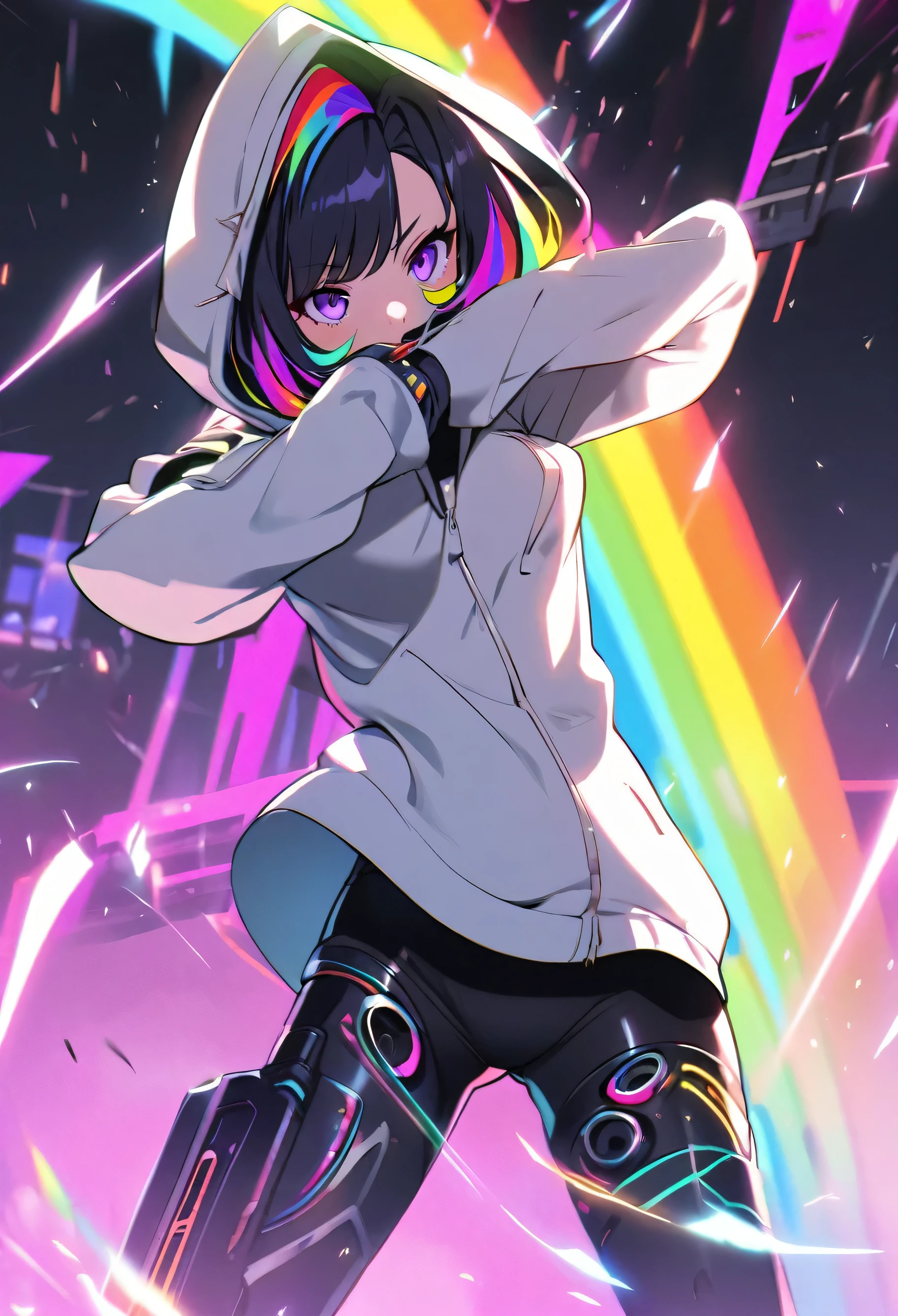 Robot Dance, alone, 1 female, short hair, Black Hair, Rainbow Hair, Purple eyes, Black and white hood, Futuristic, cyber punk, Cybernetic