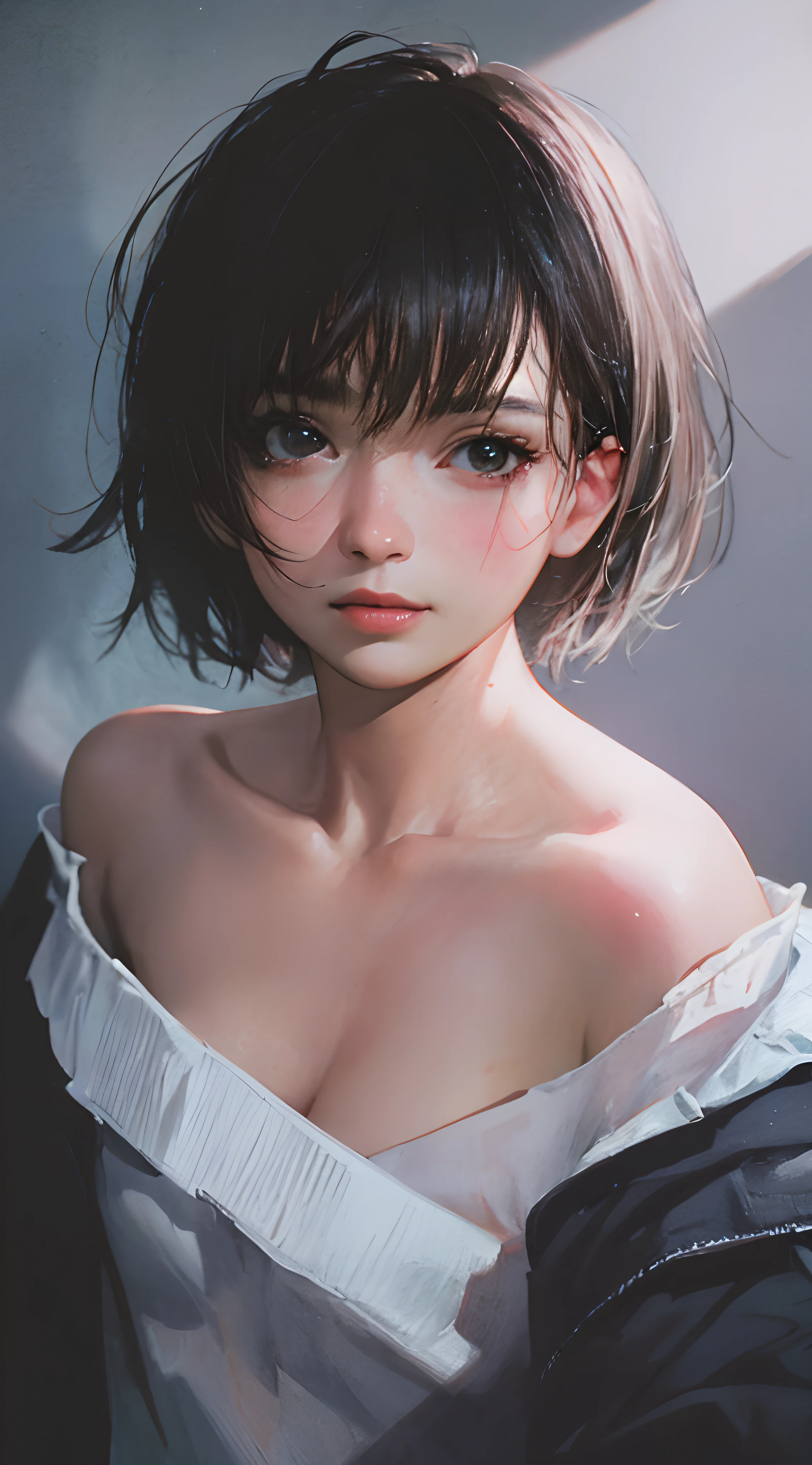 Best quality, masterpiece, ultra high res, (photorealistic:1.5), raw photo, 1girl, offshoulder, in the dark, deep shadow, low key, cold light, sexy look, short hair
