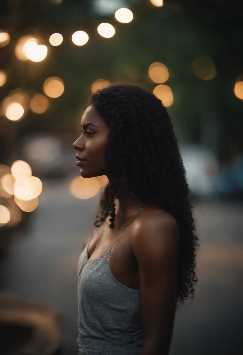crie foto traseira de uma jovem mulher negra, cabelo longo loiro, Cabelos ao vento