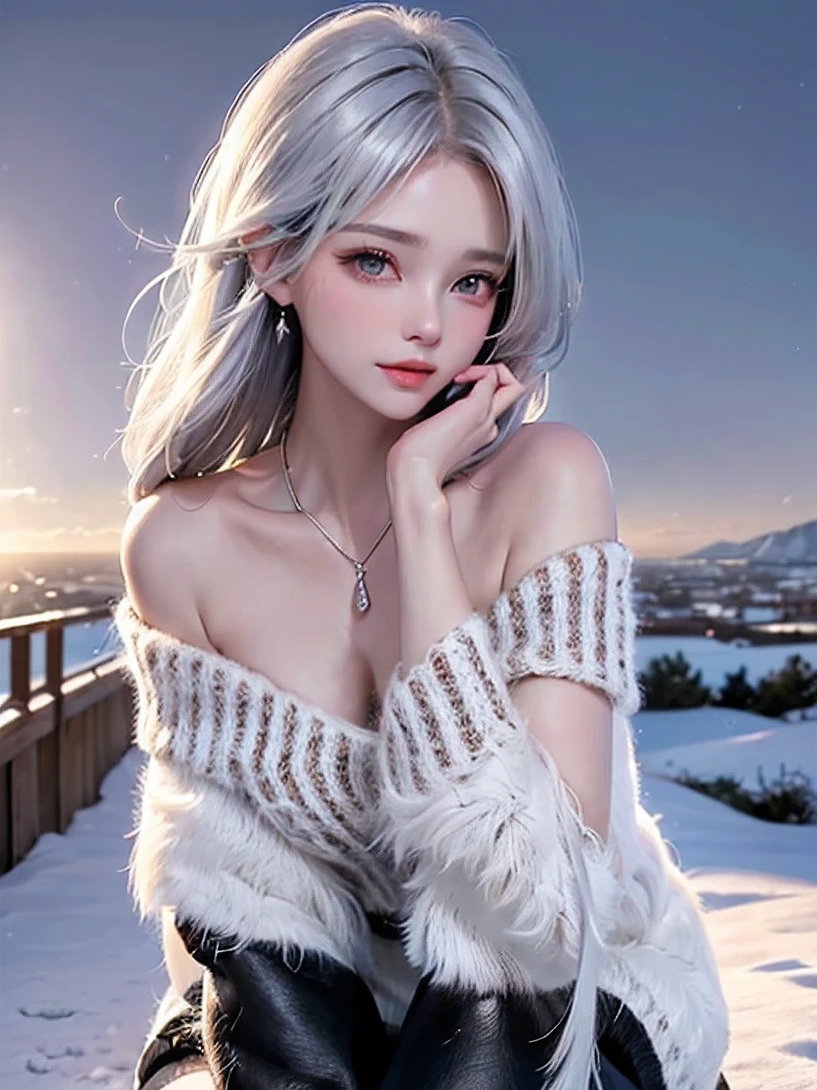 (Close-up image)((masterpiece:1.5、8k、Tabletop、Photorealistic and very detailed CG、Very detailed、Particle Effects、Dynamic Effects、Written boundary depth、Cinematic Light、Lens flare、Ray Tracing、Tabletop、Realistic:1.4、超A high resolution))((alone、cutegirl,A woman wearing a fur coat over an off-the-shoulder knit sweater:1.4、No sleeve、Exposing shoulders、Elegant woman posing:、Detailed face、brightexpression、young, bright, Whiter skin、medium beauty breasts、Best Looks、Ultimate beauty、White hair with shiny highlights、Bright and shiny straight hair、Hair dancing in the wind))(morning、The setting is outdoors in the snow、Snowflakes flutter)
