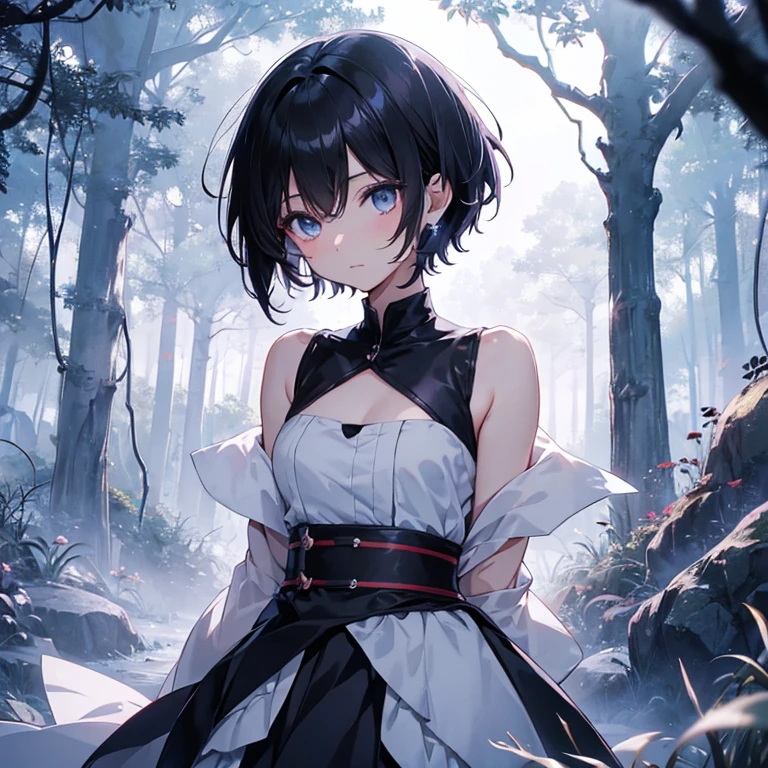 anime, beautiful girl、10 talents、Black Hair、A face that retains its youthfulness、short hair、Her hair is cut short, just short of her shoulders、Bright eyes、Sparkling eyes、whole body、Running desperately、Night Forest、Moonlight