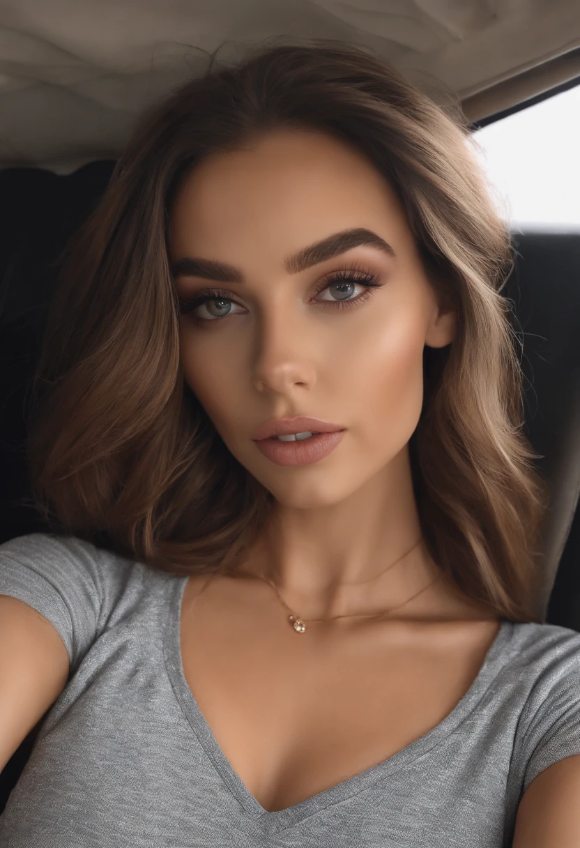 arafed woman with black clothes, sexy girl with brown eyes, portrait sophie mudd, brown hair and large eyes, selfie of a young woman, bedroom eyes, violet myers, without makeup, natural makeup, looking directly at the camera, face with artgram, subtle makeup, stunning full body shot, in the street, cleavage