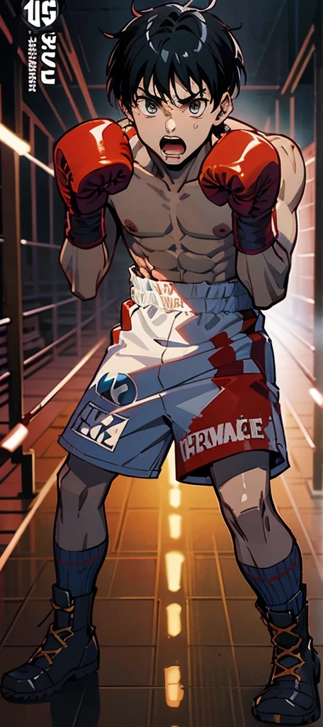 ((illustration)), (best quality)), ((masterpiece)), (detailed), comic cover, hanajima_megumi, 1man, adult, boxing, boxing ring, stage light, blond, gloves, messy hair, solo, shirtless, lean muscle, 