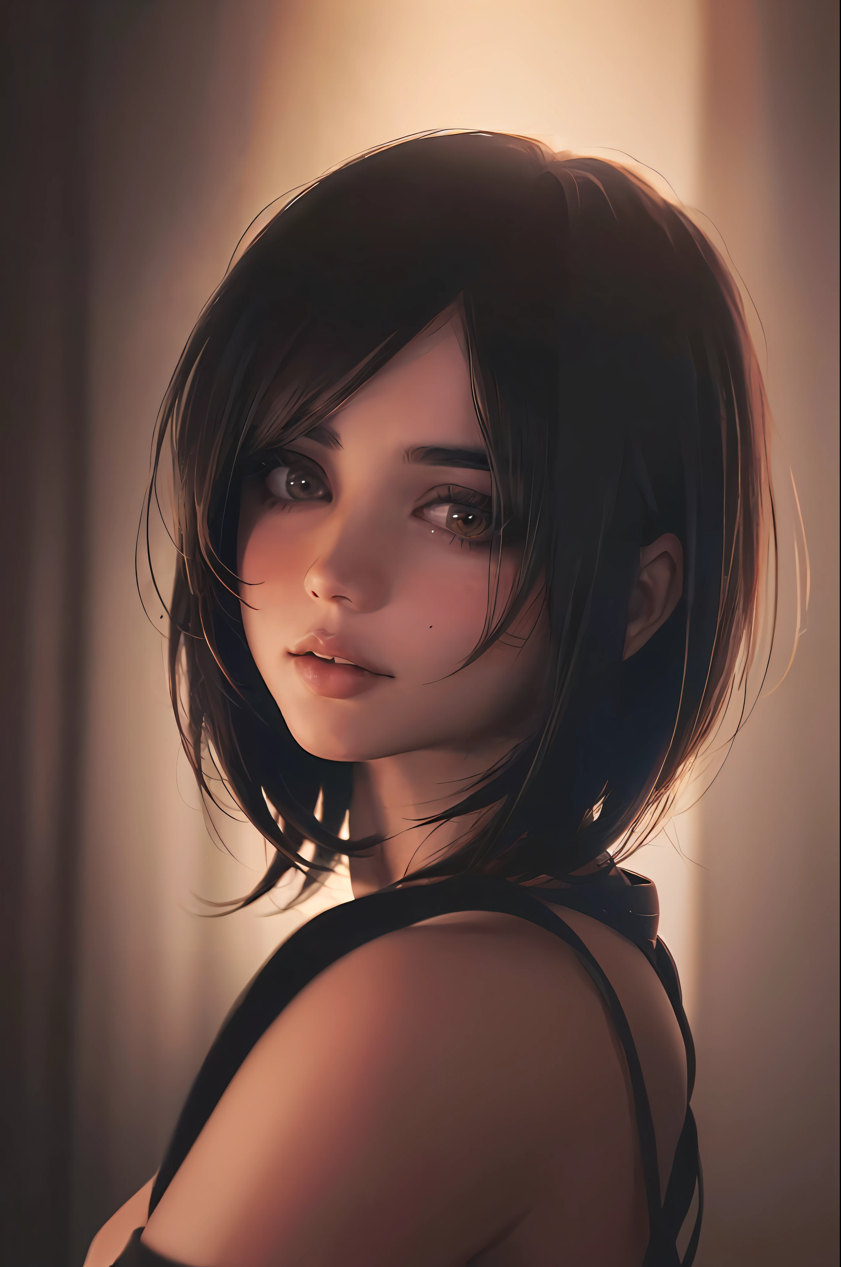 (RAW photo, best quality), (realistic, photo-realistic:1.2), 1girl, high quality, (high detailed skin:1.4), puffy eyes, gorgeous hair,   (dark room:1.3), (rim lighting:1.3), (dimly lit:1.3), (dark night:1.3), indoors, portrait, black hair, dark background, short hair,