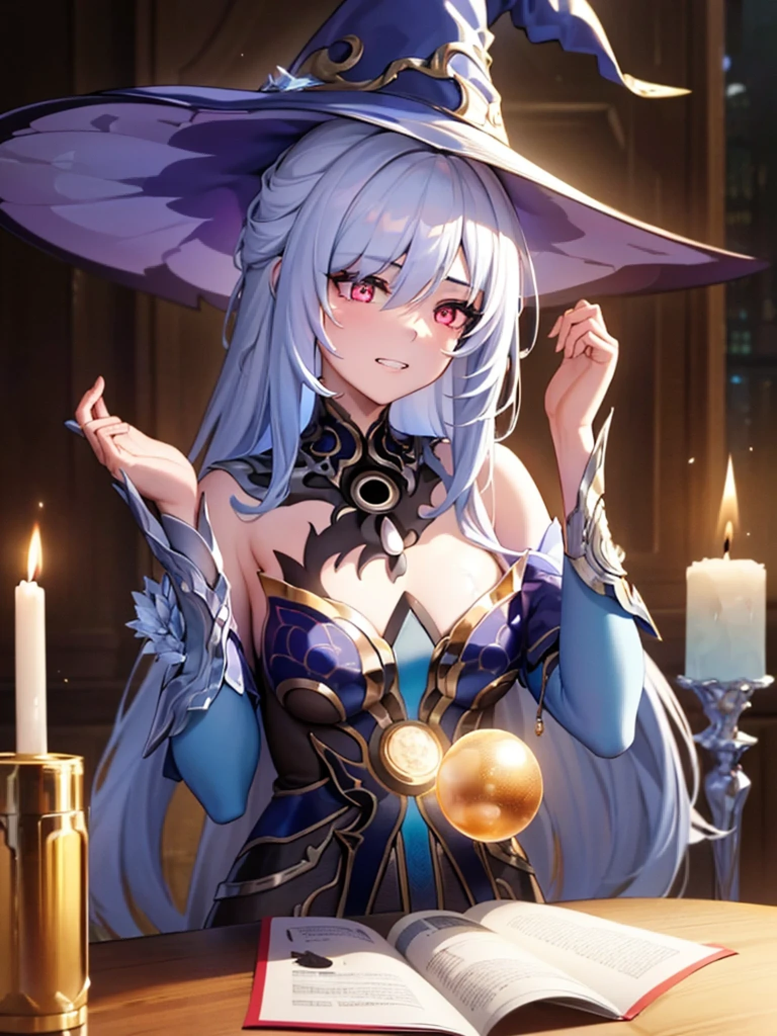1girl, concept art,fantasy art, cinematic lighting, (hands up, elbows on table, face palm) , (crystal ball that reflects the galaxy) , candle,( grin ), ((witch hat)), smile , ((masterpiece)), ((best quality)), ((ultra-detailed)), (illustration), ((an extremely delicate and beautiful))