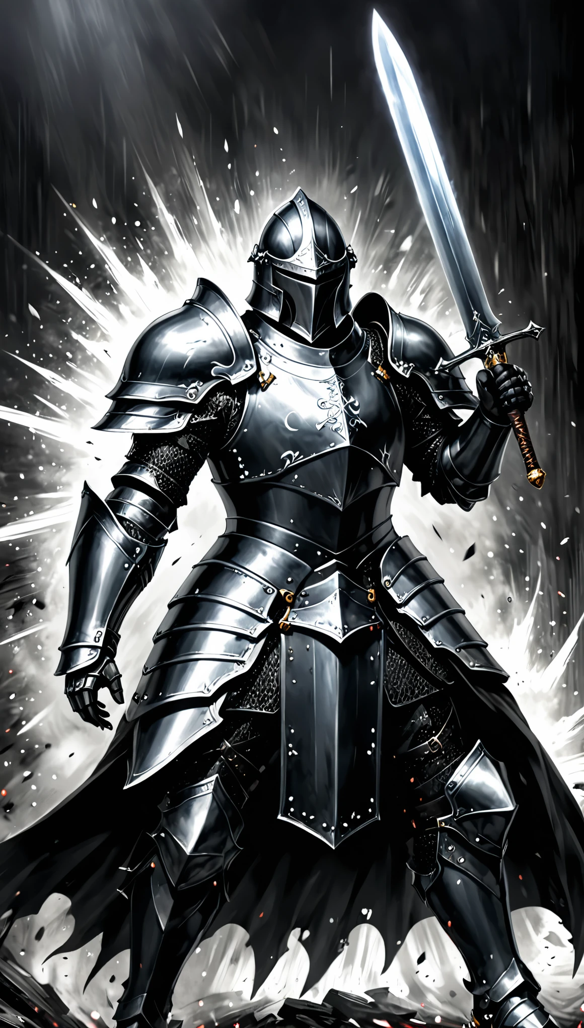 a man in armor standing, armadura escura, Conceito de armadura de alma escura, armadura preta, cavaleiro do mal, armadura de sombra, vestido com armadura furtiva, usando uma armadura escura, Armadura preta, pale black armor, armadura preta afiada e elegante, usando armadura preta, armadura preta afiada, armadura de ferro preto, cavaleiro das almas das trevas, gothic knight, armadura preta afiada,, (obra prima),(great quality), (fundo desfocado),(luz dinamica),Motion Blur，Exaggerated action moments,Huge longsword，Huge shield，Hit the shield with a sword