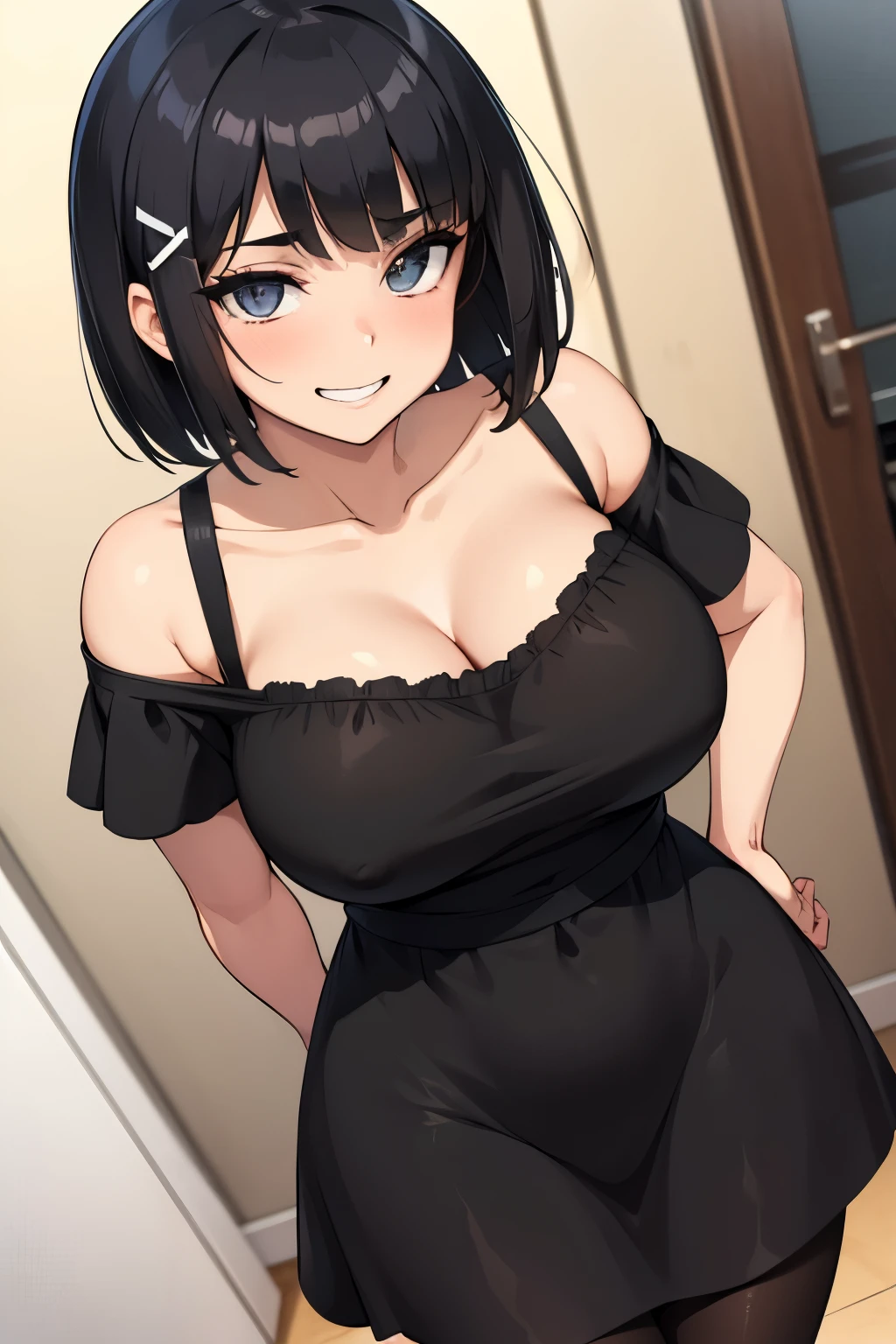 1 hot girl, dark hair, dark grey eyes, grin, gorgeous, aasugu, short hair, hairclip, black sundress, large breasts, pantyhose, hands behind back