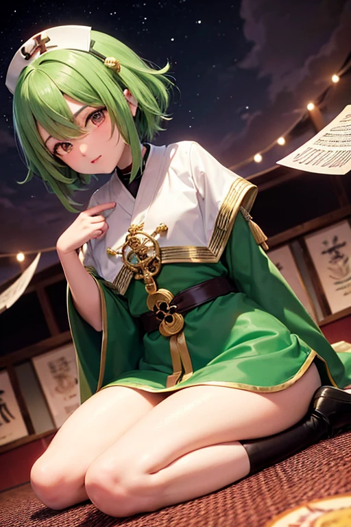 (GUMI: 0.8), stocky, anime, (Tengu: 0.8), messy short hair, fortune teller, green hair, Angelic French doll, Priest, poncho, Gospel, to face a headwind, Messiah, friendly, cold, (resistance: 0.8), Yu-Gi-Oh, Zashiki-warashi