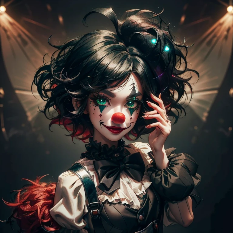 A clown, juggling, jumping, circus, arena, detailed background, wearing (short white shirt), (black pleated mini skirt with suspenders), (fishnet stockings), (clown shoes), extremely detailed illustration, (work -prime: 1.2 ), (8K, best quality: 1.2), 8K paper wallpaper, HDR, octane rendering, (messy hair, shiny black hair: 1.4), (detailed glowing green eyes: 1.2), (red lips, smile, teeth), (perfectly proportioned face, sharp details), (contoured skin shape, perfect composition, correct and smooth texture, high details), cinematic lighting, vivid colors, (high resolution: 1, 2) , (ultra-detailed), Depth of field.