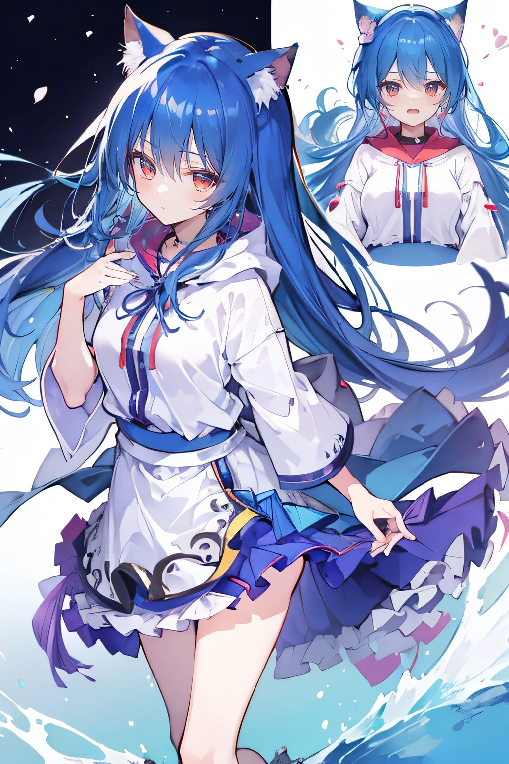 (masterpiece:1.2),Super detailed,lifelike,Expressive eyes,fair skin,perfect face shape,1 girl,
Japanese comics,Gorgeous blue hair,flowing blue hair,flowing clothes,Cat ears,Petals fall,beautiful lola,Baby Angel,sunrise,
Shaking head with one hand,Cross your legs,Gentle and peaceful background,The pavilion is cool and comfortable,smile, wearing hoodie, background of tokyo,back views,snowing, winter.
