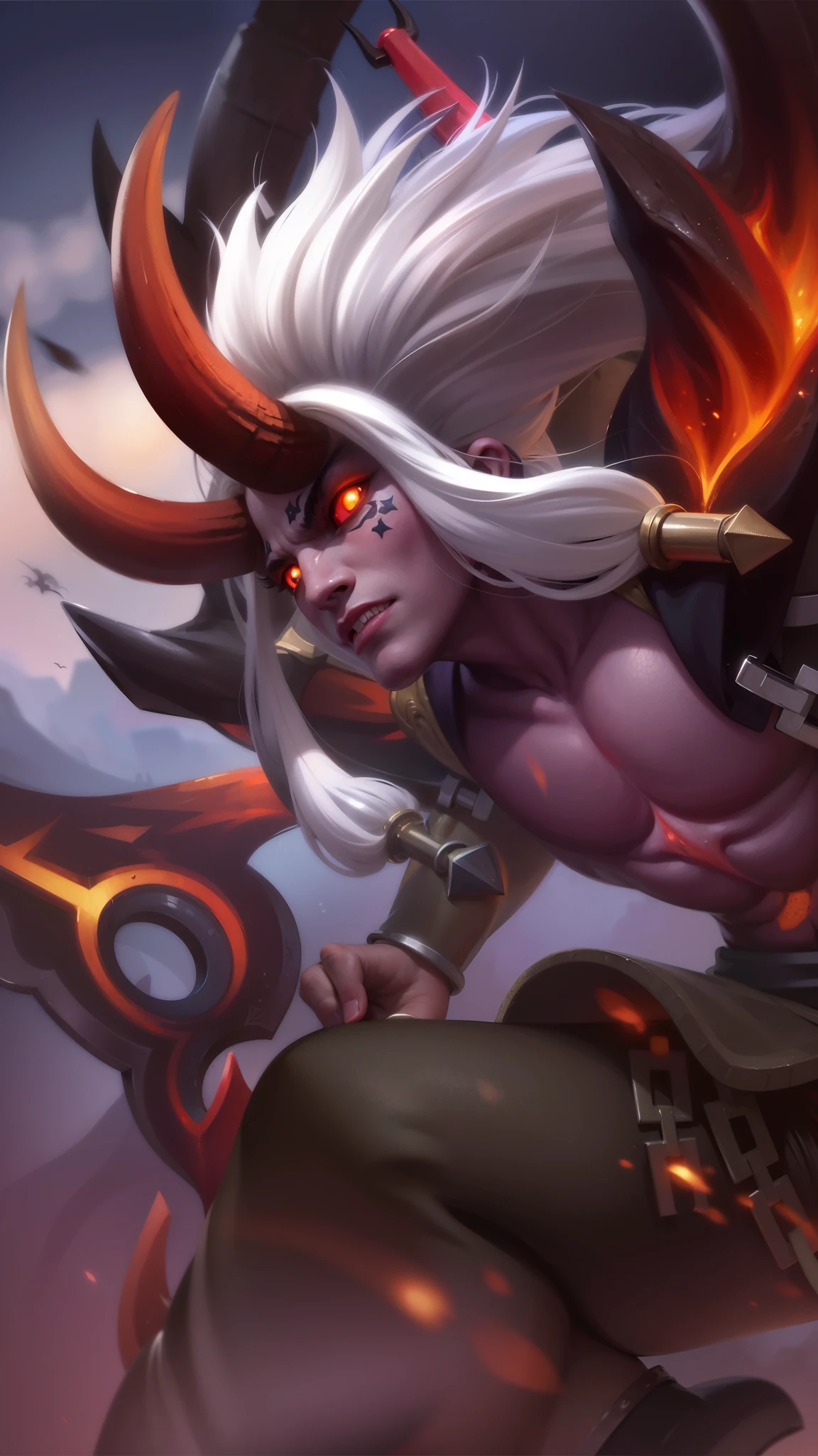 a close up of a person with a horned head and a sword, Masterpiece, ultra HD, detailed all picture, a close up of a devil, dyrroth from mobile legend, evil, extremely detailed artgerm, mobile legends character, inspired by Dyrroth, Six pack chest and abs, black jewel above the chest, light red eyes, glare.