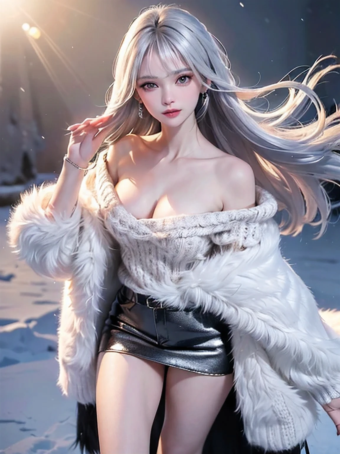 (Above the knee images:1.5)((masterpiece:1.5、8k、Portraiture、Photorealistic and very detailed CG、Very detailed、Particle Effects、Dynamic Effects、Written boundary depth、Cinematic Light、Lens flare、Ray Tracing、Tabletop、Realistic:1.4、超A high resolution:1.2、Realistic、Realistic))((alone、Off-the-shoulder sweater,No sleeve,A woman wearing a black fur-trimmed leather coat over an off-the-shoulder knit sweater:1.4、Elegant woman posing:、Detailed face、Bright expression、young, Brighter, Whiter skin、Small breasts:1.4、Best Looks、Ultimate beauty、Silver hair with shiny highlights、Bright shiny hair,、Modern Hairstyles、Hair dancing in the wind))(morning、The setting is a snowy hill overlooking the ruins.)Emphasize cleavage