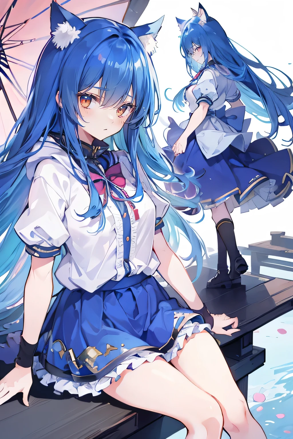 (best image quality, best girl), (one girl), (dark light blue hair、1 flower motif hair ornament), (long hair), (straight hair), ((No panties)), light blue eyes, (smile, please open your mouth wide, juvenile, Active、Hilarious、Active), ((low length)), masculine,short、 big breasts, wind twist skirt,Yellow skin, (No underwear、No panties:1.4、Do not draw female genitalia、hidden by a skirt), (no pants),School、classroom、student、black socks、uniform、Schoolの服、mini skirt、邪悪なsmile、provocative look