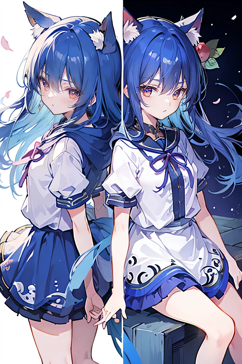 (masterpiece:1.2),Super detailed,lifelike,Expressive eyes,fair skin,perfect face shape,1 girl,
Japanese comics,Gorgeous blue hair,flowing blue hair,flowing clothes,Cat ears,Petals fall,beautiful lola,Baby Angel,sunrise,
Shaking head with one hand,Cross your legs,Gentle and peaceful background,The pavilion is cool and comfortable,smile, wearing hoodie, background of tokyo,back views,snowing, winter.