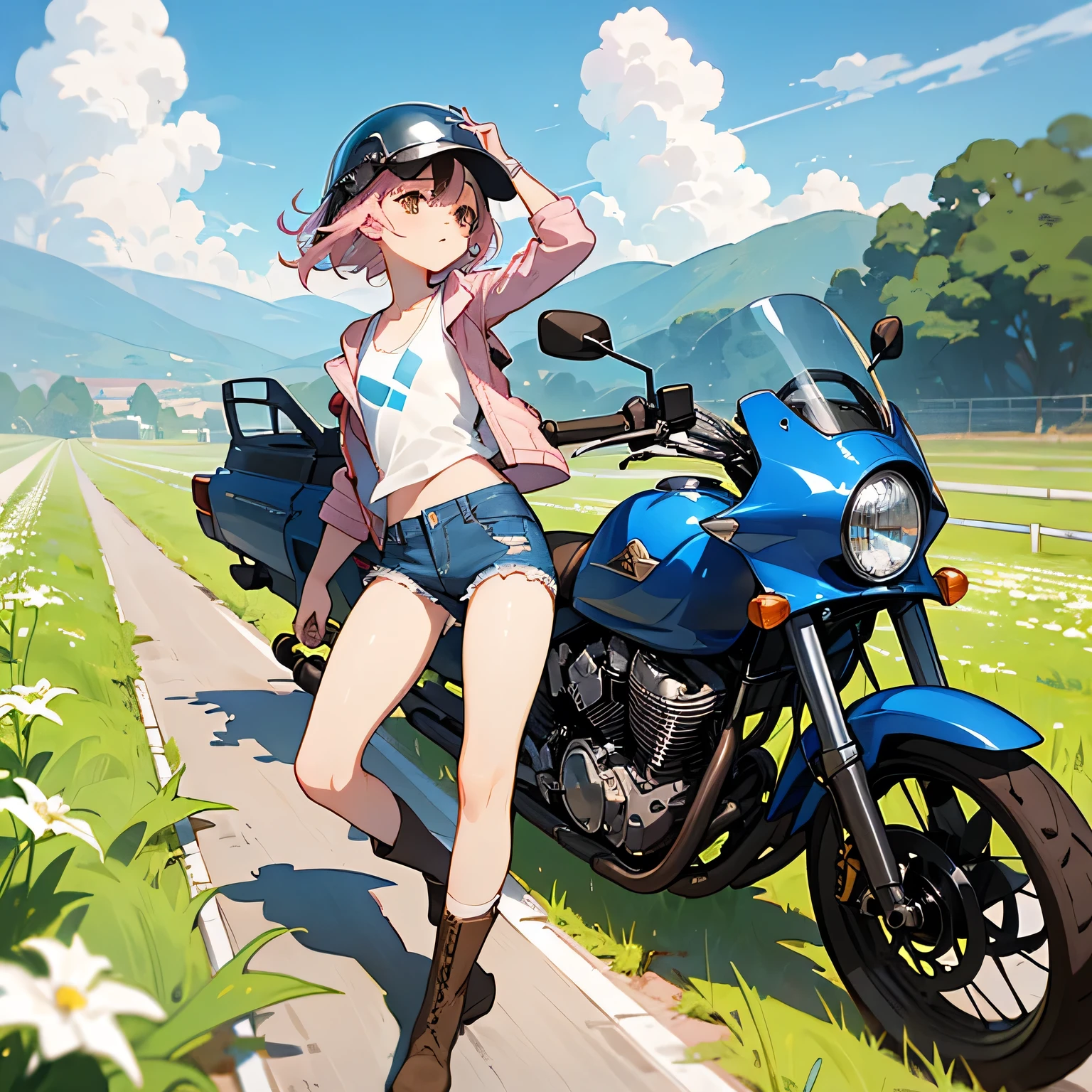 Highest quality、A girl is riding a white Super Cub、Dark brown short cut、(He is wearing a jet helmet with white and black lines running down the center of the helmet from front to back.、White tank top、Pink jacket、Denim shorts、White knee-high socks、Brown work boots:1.3)、Japanese countryside scenery、Road beside the stream、Small creek、Dirt Road、Weeds grow along the side of the road、Blue sky、White clouds floating、Early summer sky、