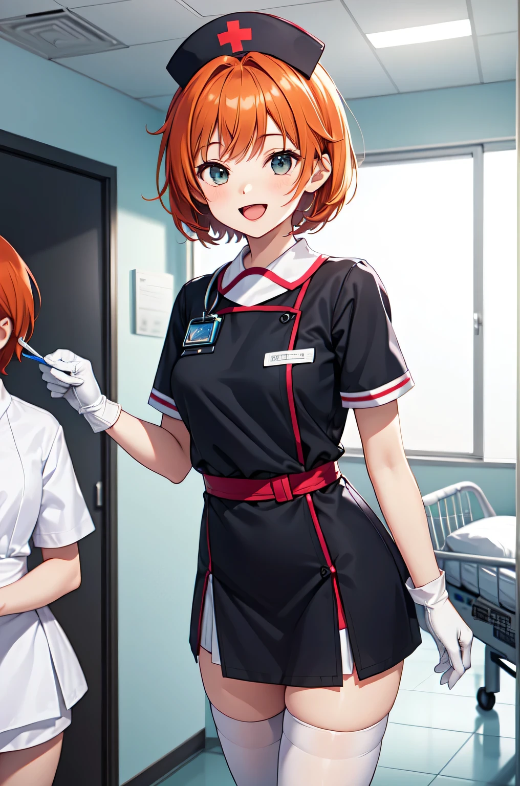 1girl, solo, nurse, nurse cap, white nurse uniform, ((white legwear, zettai ryouiki)), white gloves, very short hair, orange hair, smile, open mouth, standing, ((hospital room)), sharp outline, short sleeves, tomboy, boyish, best quality, masterpiece