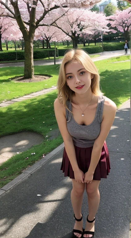 , , European, blonde, small breasts, big eyes, long legs, close-up of faces, tank top with plunging neckline, sweatshirt, tiny pleated skirt, heeled sandals, extremely high angle shot, top view of girl, park background, trees, cherry blossom, mirrored floor with reflections, ray tracing, HDR