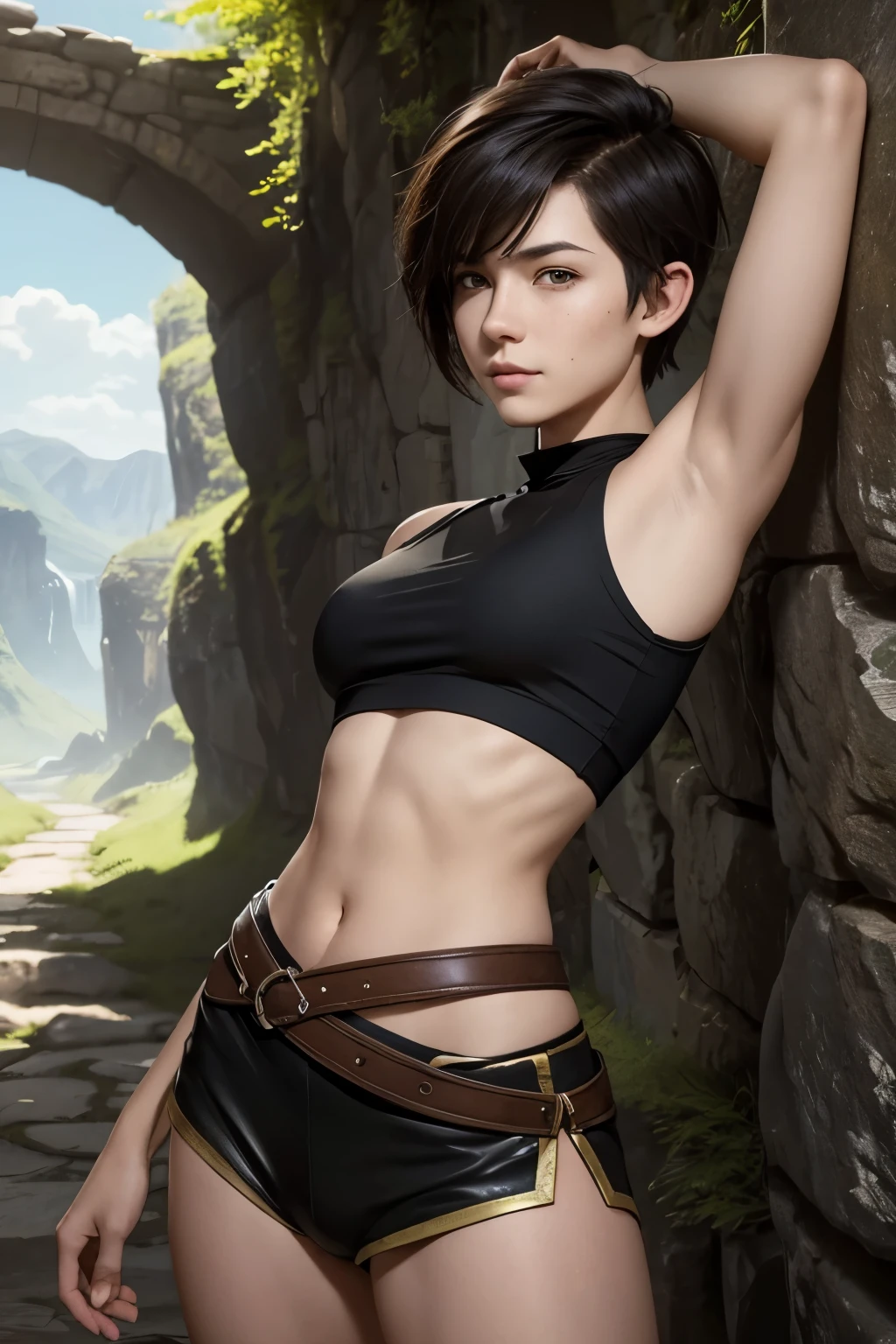 A happy young woman with an undercut in a fantasy setting. A priestress of death. Very androgynous looking. In a good mood. Sympathic. Tomboyish. Androgynous. Slim body. Very . Very small breasts. Wide hips. Thick legs. Face: Extremly pale skin with liverspots and freckles. Soft narrow face with a round chin. Soft small jaw. Big forehead. Very thin barely visible eyebrows. Upturned big dark-brown eyes. Dark-brown eyecolour. Very long and wide nose. Big curved lips. Very short dark-brown hair. A boyish short haircut. Undercut. Sides shaved. Wearing a monks habit. Background: green meadow. A romantic little path to a small church.