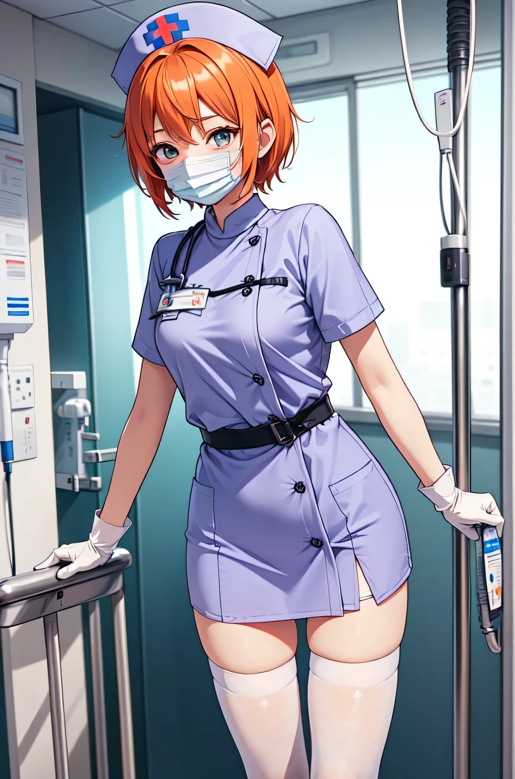 1girl, solo, nurse, nurse cap, white nurse uniform, ((white legwear, zettai ryouiki)), white gloves, very short hair, orange hair, ((white surgical mask, covered nose)), standing, ((hospital room)), sharp outline, short sleeves, tomboy, boyish, best quality, masterpiece