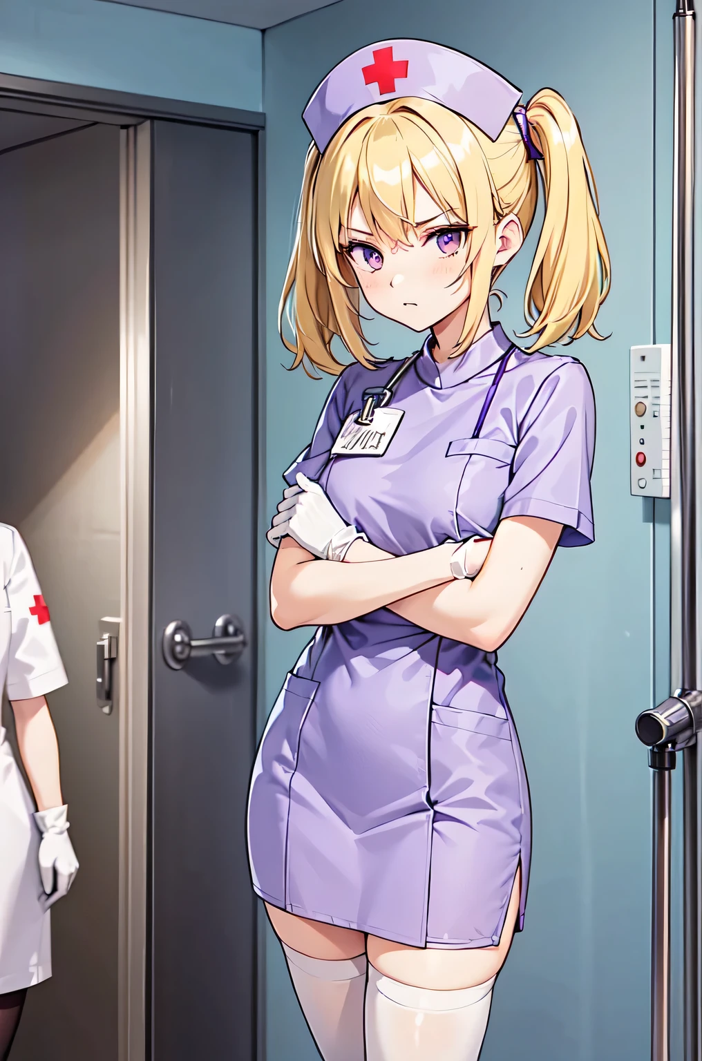 1girl, solo, nurse, nurse cap, white nurse uniform, ((white legwear, zettai ryouiki)), white gloves, twintails, yellow hair, purple eyes, angry, crossed arms, standing, ((hospital room)), sharp outline, short sleeves, best quality, masterpiece