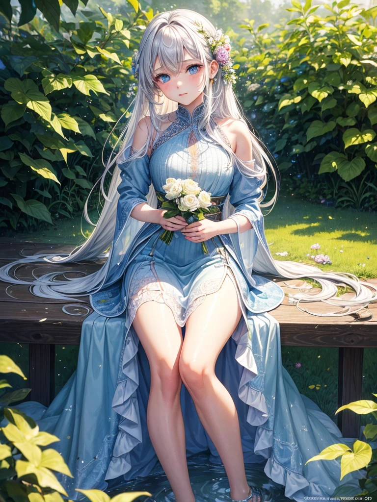 (best quality, 8k, masterpiece:1.2, nsfw ), Cutest,Cute girl, mesugaki, Beautiful face, Beautiful eyes, Beautiful hair, Light pink hair, Lots of colorful flowers, sunshine, peaceful garden, summer dress, smiling, golden hour lighting, vibrant colors, happy and thankful expression,　
soft breeze, gentle makeup, freckles, blonde hair, flowing dress, pastel colorairytale atmosphere, fluttering butterflies, dreamy atmosphere), vivid greenery, smile, posing like an angel,