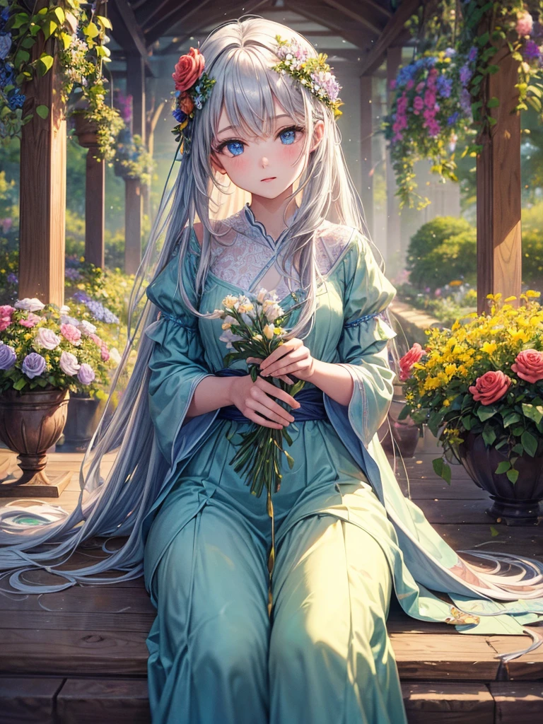 A girl with long silver hair and bright blue eyes stands in front of a beautiful garden. She wears an elegant flowing dress that matches the vivid colors of the flowers surrounding her. The garden is filled with a variety of plants, including blooming roses and lush green bushes. The sunlight filters through the leaves, casting a soft, warm glow on the scene. The girl's face is incredibly detailed, with beautiful eyes, a small button nose, and perfectly shaped lips. Her delicate features express a sense of calm and serenity.

The artwork is created using a combination of traditional mediums, such as watercolor and acrylic, as well as digital techniques that enhance the image's vividness. The level of detail in the painting is meticulously crafted, capturing every intricate texture and pattern, from the petals of the flowers to the strands of the girl's hair.

The image quality is of the highest standards, ensuring the finest details can be seen. It is a masterpiece in 4K resolution, allowing viewers to immerse themselves in the richness of the colors and the depth of the artwork. The lighting in the scene is carefully designed, with a soft, diffused light that creates a dreamlike atmosphere.

The overall style of the artwork is inspired by fantasy and nature, blending elements of realism and imagination. The colors are vibrant and dynamic, with a mix of warm and cool tones to create a harmonious composition. The art captures a sense of tranquility and enchantment, inviting the viewer to explore the magical world of Eiri Esugi.

(Note: The prompt includes more than 40 tags, but I have provided a comprehensive description based on the given theme.)