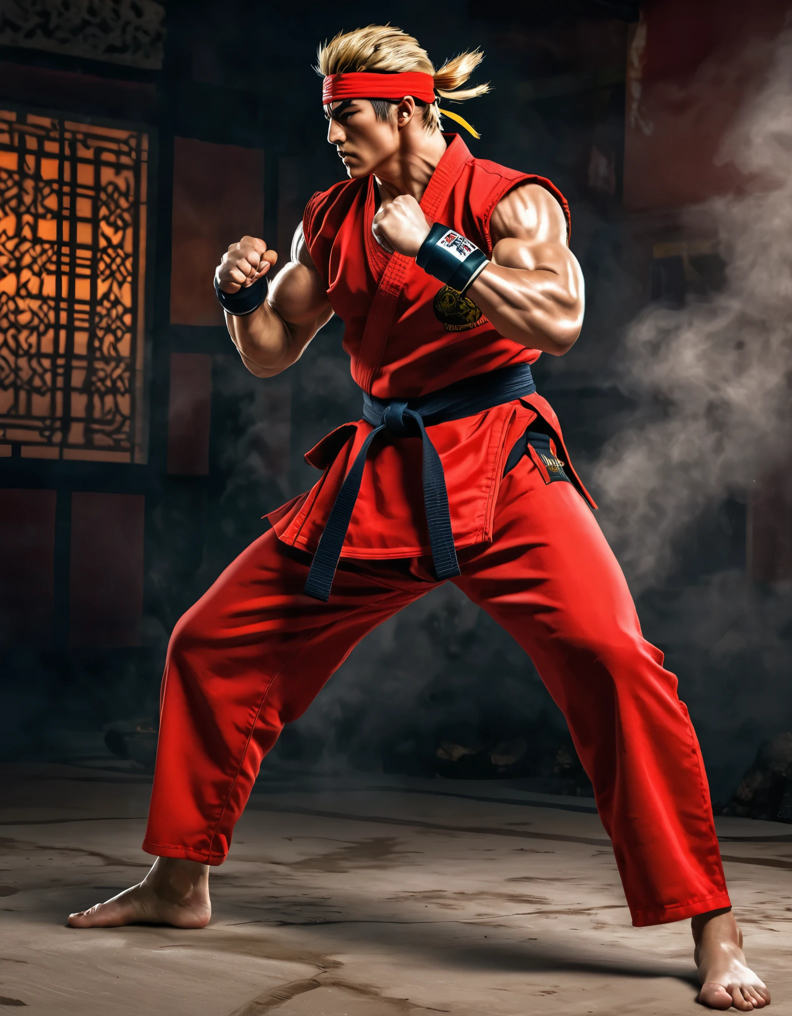 The iconic Ken Masters from Street Fighter, muscular frame glistening with sweat,muscle definition, fiery spirit burning bright,strong determination, fierce and confident expression, focused and intense, visual power coming out of his body, vibrant energy,wearing his signature red karate gi and black belt,hair styled in a neat and spiky manner, fiery red headband.

-Medium: Detailed digital painting
-Additional details: Dynamic pose with powerful kicks and punches, mid-fight action, realistic muscle definition and facial features, showcasing various martial arts techniques,an intense training background with training equipment and a dojo, powerful aura radiating from his body, dynamic background with fire effects and sparks,fighting on a street with debris and rubble, showmanship and flair in his fighting style, intense fighting match with an opponent, strong and impactful striking movements, extreme focus and concentration.
-Quality: (best quality:1.2), ultra-detailed, realistic
-Art style: Action and martial arts
-Color palette: Rich and vibrant colors, warm tones with hints of red and orange, emphasizing the fiery energy
-Lighting: Dynamic and dramatic lighting, emphasizing his fiery and intense persona