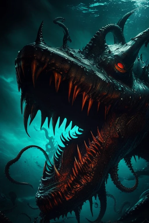 best quality,ultra-detailed,horrifying sea monster,terrifying dark waters,huge tentacles,sharp teeth,glowing red eyes,furious expression,intense underwater scene,ominous atmosphere,sinister creature,mythical beast,nightmare-inducing,stormy ocean,dramatic lighting,ominous shadows,eerie aura,chaotic waves,menacing presence,surreal composition,nightmarish depths,terrifying vision,realistic horror,deep-sea terror,monstrous sea demon,creature of the abyss,terrifyingly lifelike depiction,dark and foreboding,​​chillingly detailed tentacles,​powerful and menacing presence,disturbingly realistic,unleashing chaos,overwhelming fear,nightmarish encounter,​unrelenting terror,phobia-inducing nightmare,​unimaginable horrors.