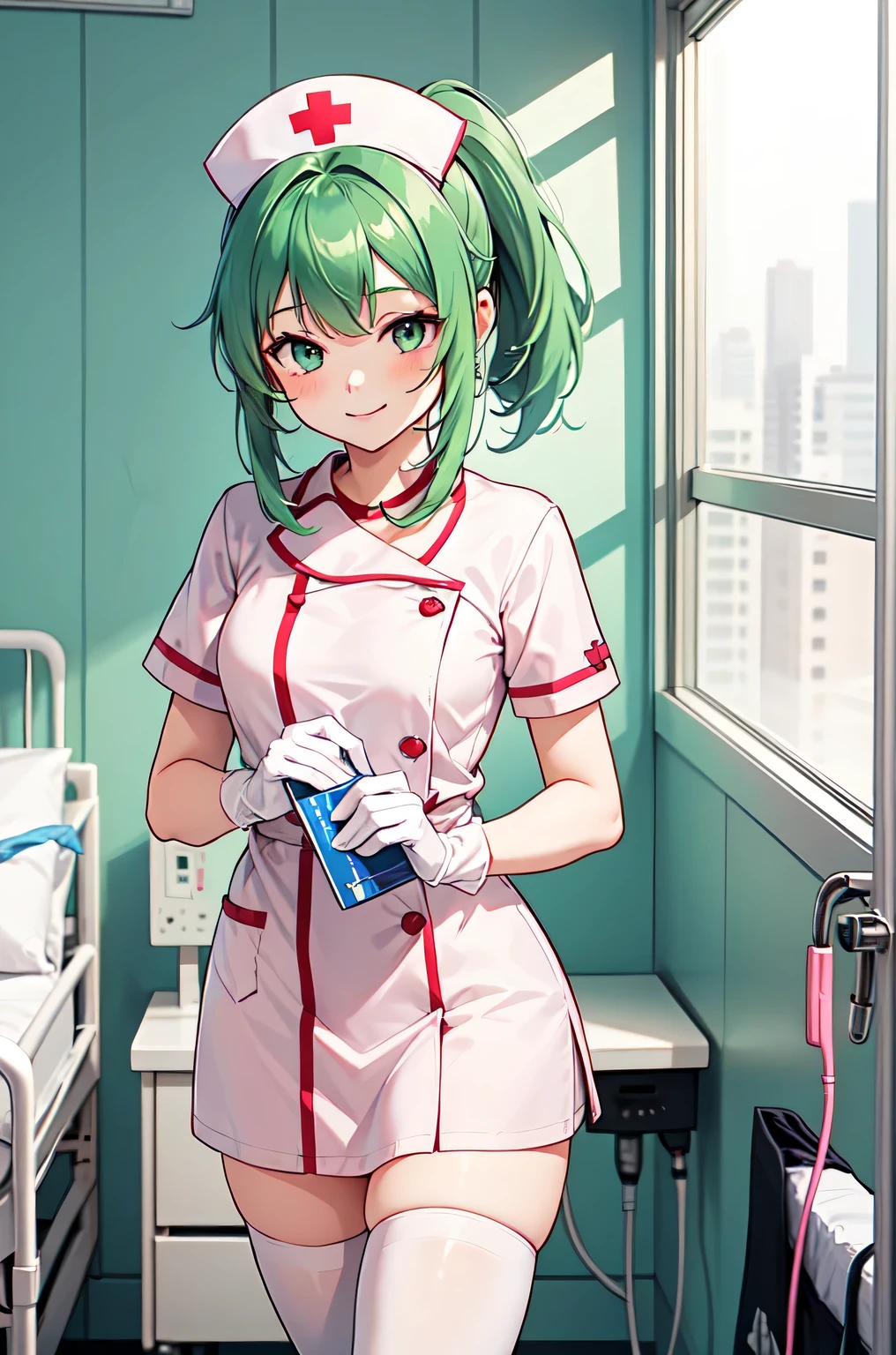 1girl, solo, nurse, nurse cap, white nurse uniform, ((white legwear, zettai ryouiki)), white gloves, ponytail, green hair, pink eyes, smile, standing, ((hospital room)), sharp outline, short sleeves, best quality, masterpiece