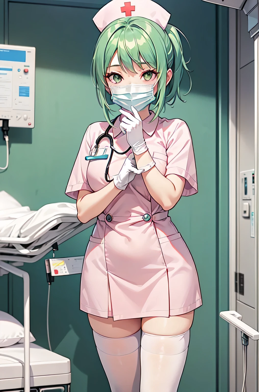 1girl, solo, nurse, nurse cap, white nurse uniform, ((white legwear, zettai ryouiki)), white gloves, ponytail, green hair, pink eyes, ((white surgical mask, covered nose)), standing, ((hospital room)), sharp outline, short sleeves, best quality, masterpiece