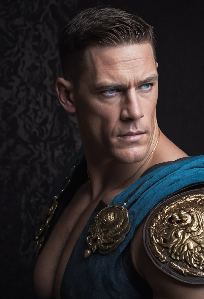 chiaroscuro technique on sensual illustration of an masculine, 26-year-old Italian male model, handsome Roman, (John Cena) he is the god of war, he is Ares, Mars, evil-looking, strong look, light blue eyes, strong jawline, dressed as a gladiator, ancient gladiator, male gladiator skirt, matte painting, by Harumi Hironaka, extremely soft colors, vibrant, pastel, highly detailed, digital artwork, high contrast, golden dramatic, refined, tonal, an intimate, seductive studio setting with a focus on sensuality and romance. Utilize soft, warm lighting that bathes the space in a gentle, inviting glow. Incorporate luxurious fabrics, plush furnishings, and a touch of decadence to evoke an opulent ambiance. The scene should exude an air of serenity and anticipation, inviting the viewer into a sensual and romantic space
