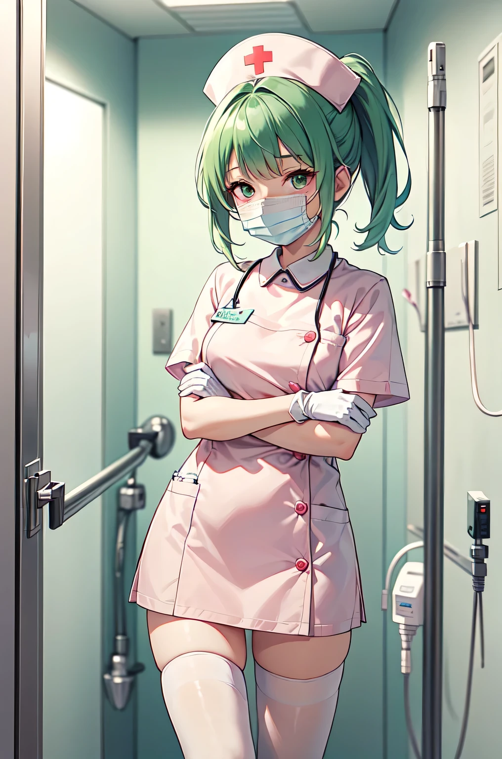 1girl, solo, nurse, nurse cap, white nurse uniform, ((white legwear, zettai ryouiki)), white gloves, ponytail, green hair, pink eyes, ((white surgical mask, covered nose)), standing, ((hospital room)), sharp outline, short sleeves, best quality, masterpiece