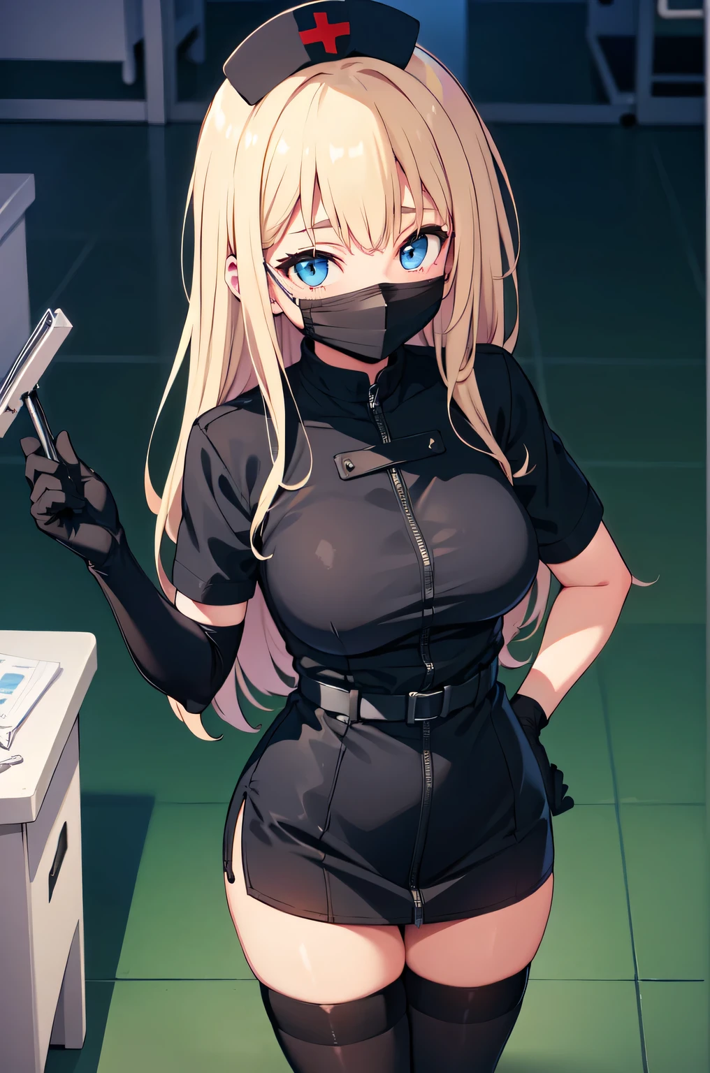 black nurse, 1woman, solo, black nurse cap, black nurse uniform, ((black legwear, zettai ryouiki)), black elbow gloves, blonde hair, blue eyes, ((black surgical mask, covered nose)), standing, ((surgery room)), sharp outline, short sleeves, mature female, 35 years old, best quality, masterpiece