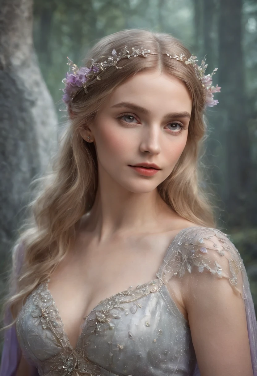 Realism, painting, Fantastic fairy tale, fantastic style, John Tolkien style, small painting by Jean-Baptiste Mo, Close-up. 
Diamonds + glass beads +beads+ filigree jewelry+ Lush large open female bust + lack of clothes + sensual princess Rapunzel + cleavage + the thinnest transparent lavender tulle, with a lively natural structure of dry skin and pores, mystical morning lighting, a book image in the RPG genre, an image from "Dungeons and Dragons", a fantasy image.