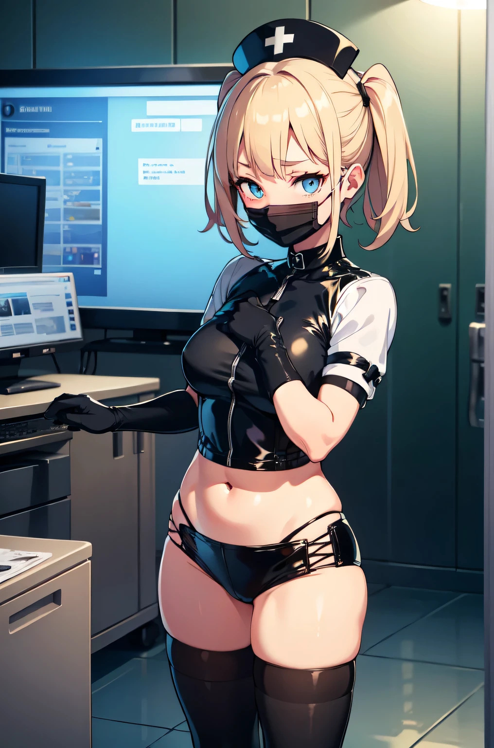 black nurse, 1woman, solo, black nurse cap, black nurse uniform, ((black legwear, zettai ryouiki)), black elbow gloves, blonde hair, blue eyes, ((black surgical mask, covered nose)), standing, ((surgery room)), sharp outline, short sleeves, mature female, 35 years old, best quality, masterpiece