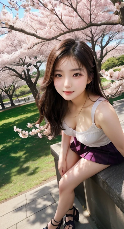 NSFW,8K、highest quality、masterpiece、超A high resolution、photograph、The elegance of beautiful Japanese women、Single-lens reflex camera、There are some good ones too、A transparent atmosphere、sexy lip、slanted bangs、beautiful face、medium long hair、make bangs、shy、natural soft light、22 year old girl wearing a suit、taking off the skirt、bank、Cherry tree,sitting on a picnic sheet,legs open,bra is visible,pants are visible,