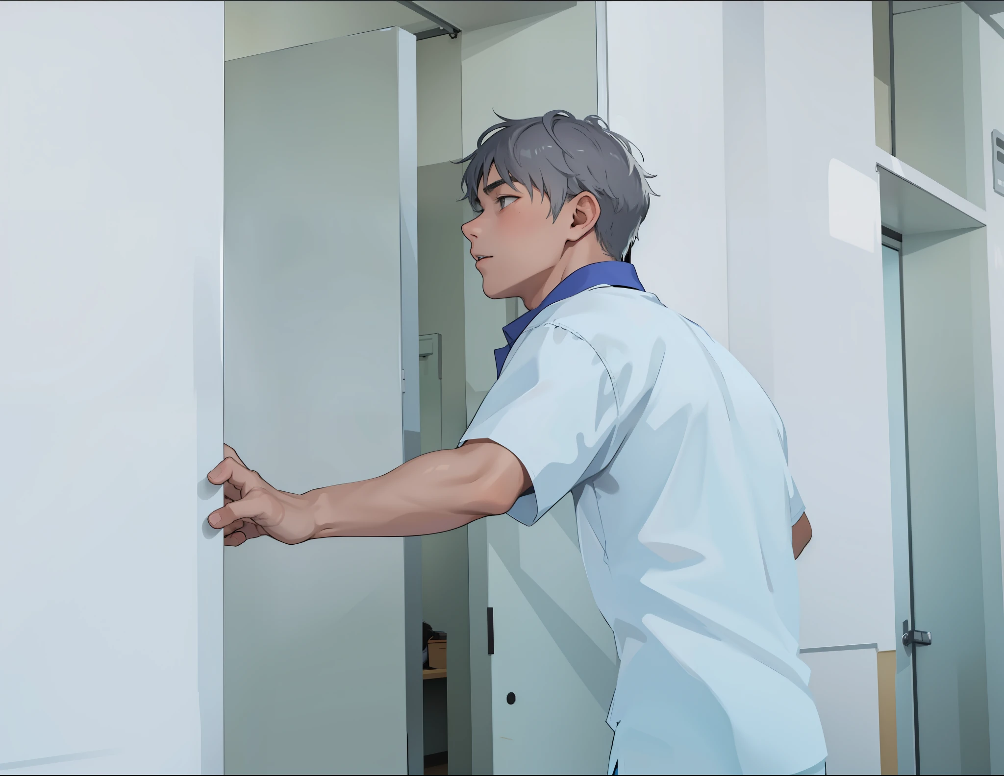 young 16 year old man is looking for someone in that classroom white shirt gray hair