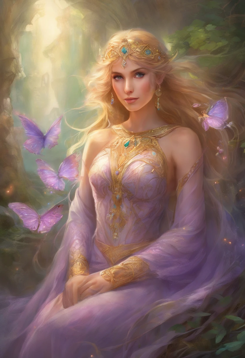 Realism, painting, Fantastic fairy tale, fantastic style, John Tolkien style, small painting by Jean-Baptiste Mo, Close-up. 
Diamonds + glass beads +beads+ filigree jewelry+ Lush large open female bust + lack of clothes + sensual princess Rapunzel + cleavage + the thinnest transparent lavender tulle, with a lively natural structure of dry skin and pores, mystical morning lighting, a book image in the RPG genre, an image from "Dungeons and Dragons", a fantasy image.