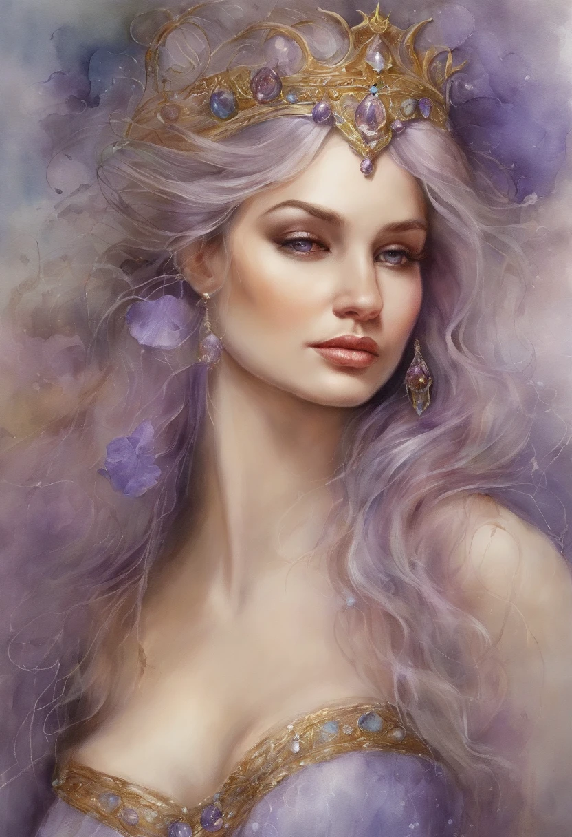 Realism, painting, Fantastic fairy tale, fantastic style, John Tolkien style, small painting by Jean-Baptiste Mo, Close-up.
Diamonds + glass beads +beads+ filigree jewelry+ Lush large open female bust + lack of clothes + sensual princess Rapunzel + cleavage + the thinnest transparent lavender tulle, with a lively natural structure of dry skin and pores, mystical morning lighting, a book image in the RPG genre, an image from "Dungeons and Dragons", a fantasy image.