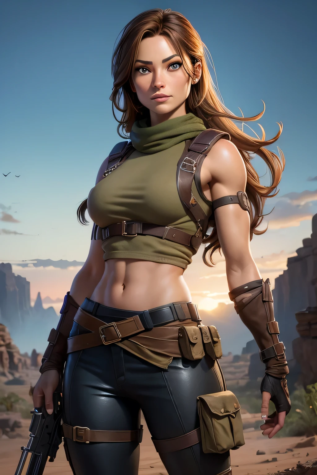 Olivia Wilde as Lara Croft doppelganger, illustration,adventure,courageous,strong features,athletic build,tough and confident posture,detailed face expression,beautiful detailed eyes,beautiful detailed lips,longeyelashes, brown hair 1 braid, olive skin tone,dirt on her clothes and face,treasure hunting gear,two pistols at her waist,dramatic lighting,realistic colors,highres,vivid colors,stunning landscape jungle background.