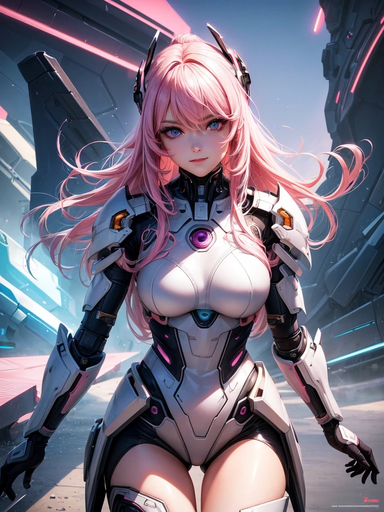(best quality, highres, realistic:1.37), vibrant colors, detailed face, intense gaze, beautiful detailed eyes, long lashes, pale pink hair, mischievous smile, confident pose, futuristic landscape, mecha, dynamic action, dramatic lighting, anime style