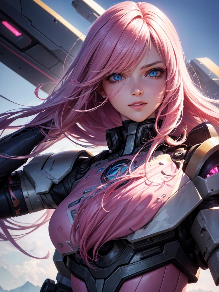 (best quality, highres, realistic:1.37), vibrant colors, detailed face, intense gaze, beautiful detailed eyes, long lashes, pale pink hair, mischievous smile, confident pose, futuristic landscape, mecha, dynamic action, dramatic lighting, anime style