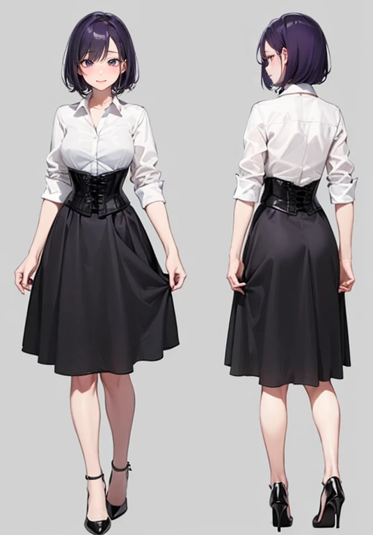Purple hair,short hair,Adult female,(bartender),((Roll up your shirt sleeves)),(Rolling up the sleeves of his shirt),(corset),(skirt),(High heels),((Simple Background)),smile,((whole body)),((full body)),Character Sheet,