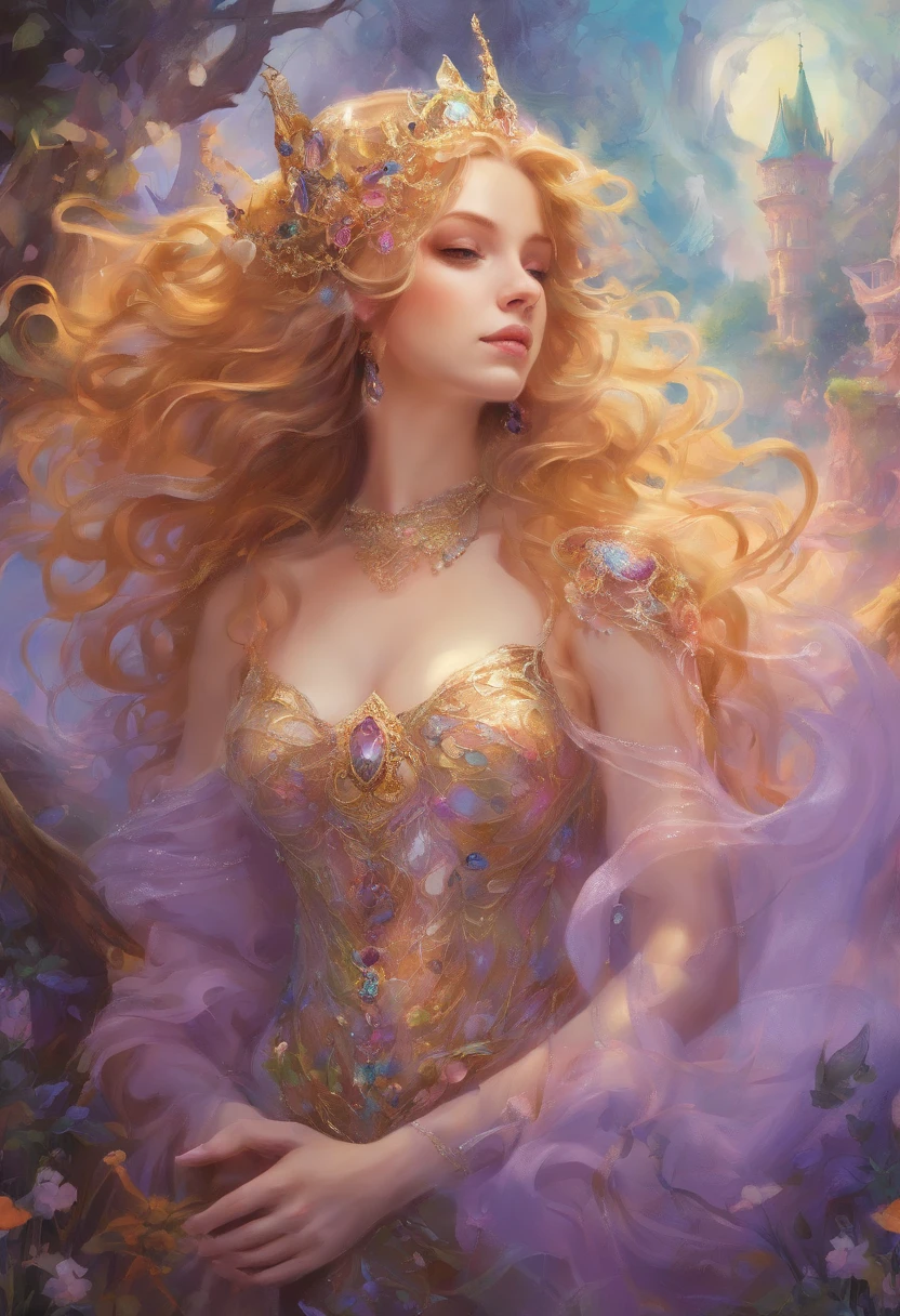Realism, painting, Fantastic fairy tale, fantastic style, John Tolkien style, small painting by Jean-Baptiste Mo, Close-up.
Diamonds + glass beads +beads+ filigree jewelry+ Lush large open female bust + lack of clothes + sensual princess Rapunzel + cleavage + the thinnest transparent lavender tulle, with a lively natural structure of dry skin and pores, mystical morning lighting, a book image in the RPG genre, an image from "Dungeons and Dragons", a fantasy image.